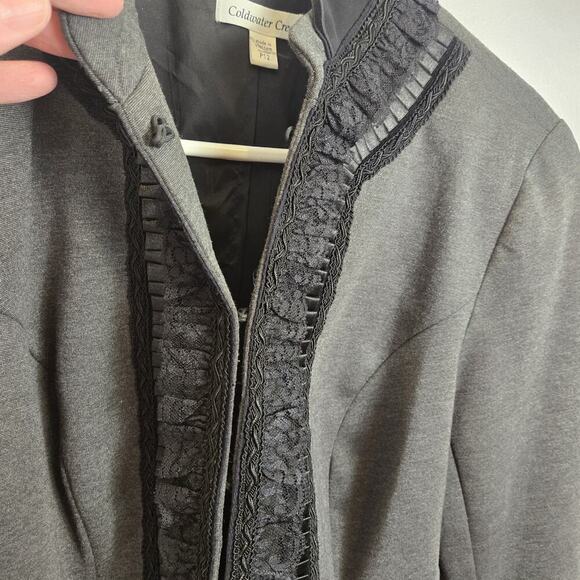 Coldwater Creek Sz 12P Gray Ponte Knit Ruffle Lace Mandarin Collar Jacket Women - Picture 5 of 10